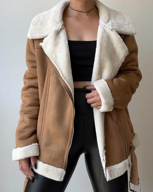 Handmade Women's Shearling Overcoat Fur Lining Warm Long Jacket