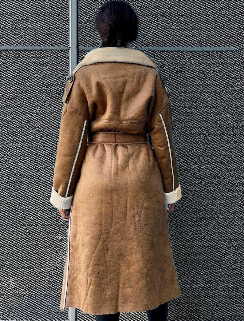 Women's Sheepskin Suede Leather Long Fur Coat