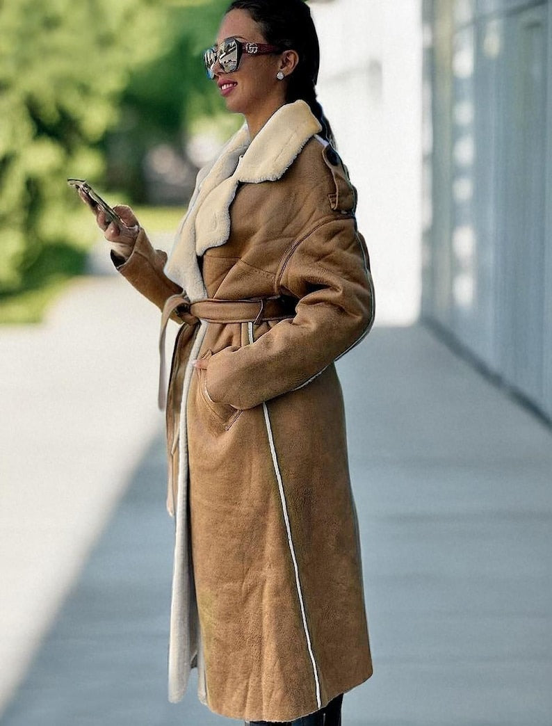 Women's Sheepskin Suede Leather Long Fur Coat