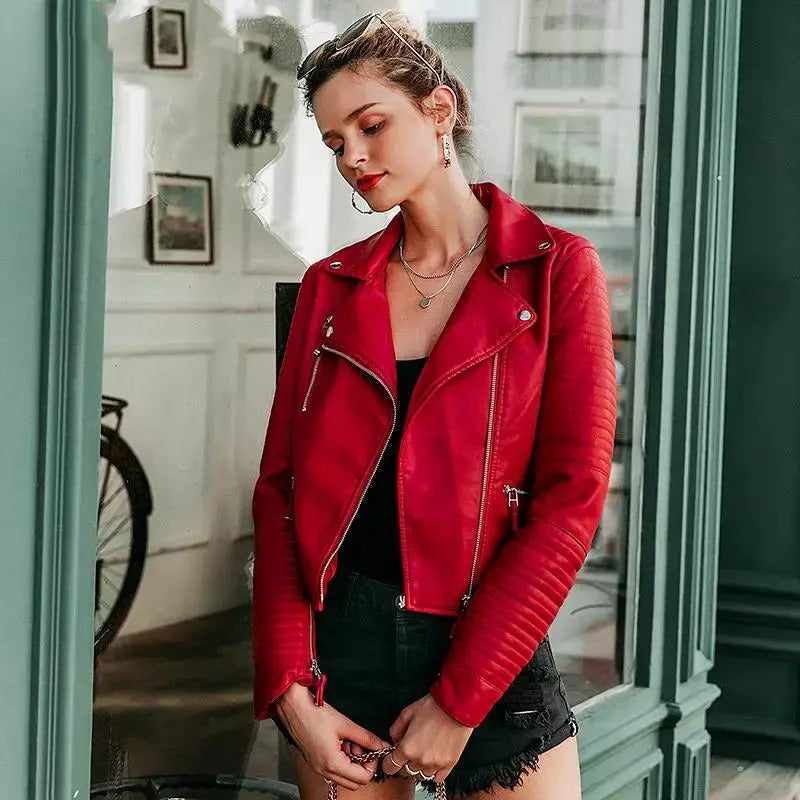 Women Red Biker Jacket