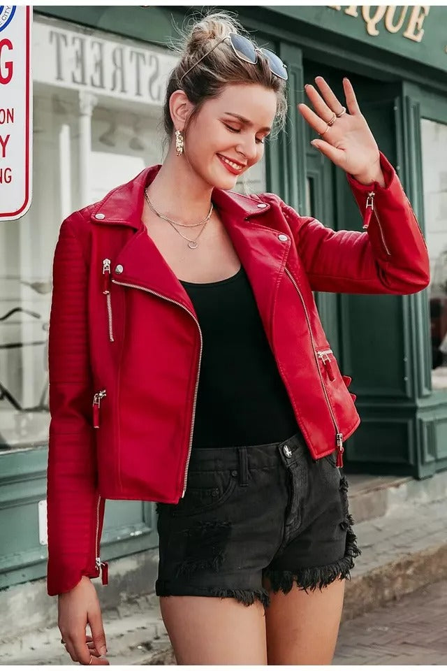 Women Red Biker Jacket